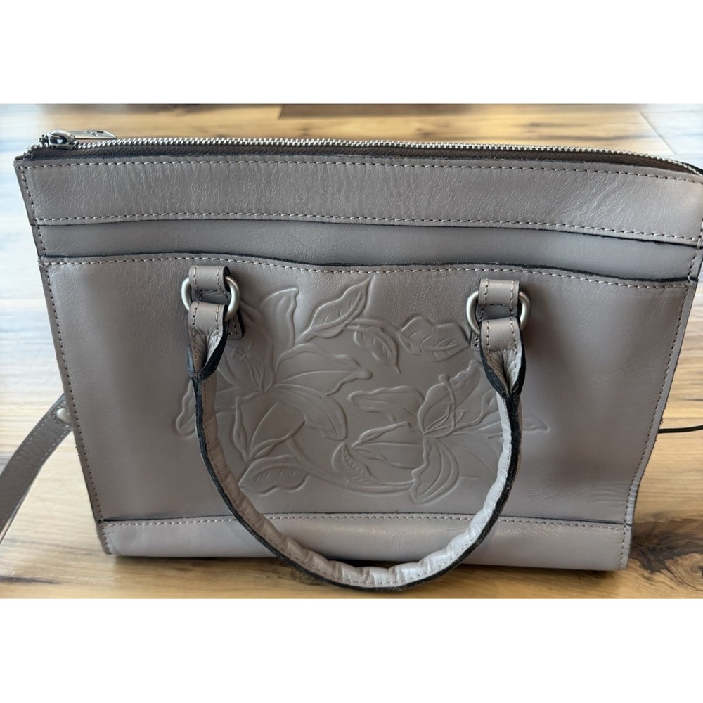 Patricia Nash Josselin Leather Satchel Stone Gray Floral Tooled Crossbody Bag